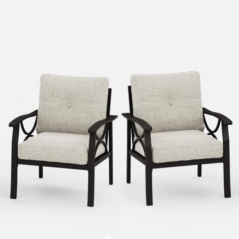 De 2 fauteuils toutes saisons avec coussins beiges, ergonomiques, convenant aux patios, structure en kaki, assemblage rapide en mousse de 4 po de hauteur, bord de piscine et jardins