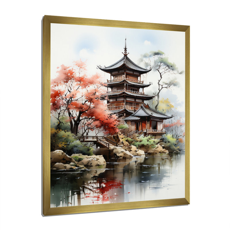 Tahshawn, art asiatique, pagode sereine IV - impression, H 32 po x l 24 po x P 1 po, Toile encadrée or simple