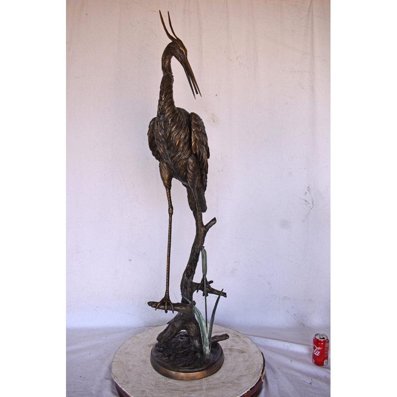Crane Standing On A Branch Bronze Statue Fountain - Size: 13"L X 7"W X 43"H.