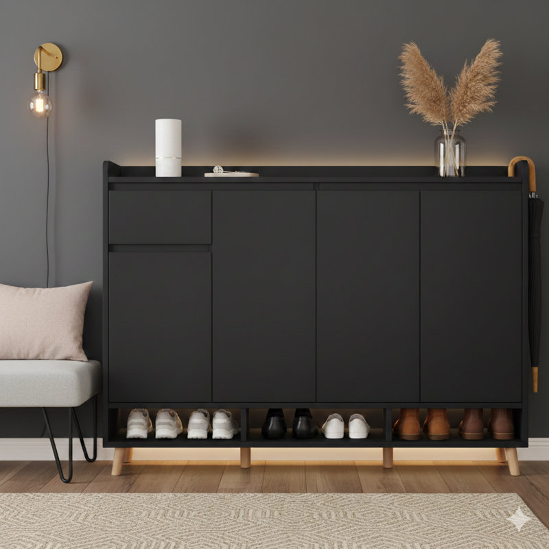 Élégant meuble à chaussures contemporain avec tablettes réglables, unité de rangement minimaliste sur pieds en bois massif, buffet fonctionnel pour les entrées et les salons, finition noire
