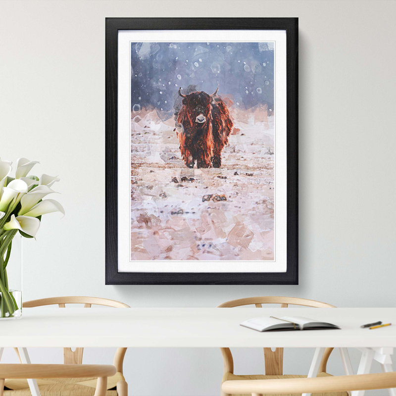 Lone Cow at Winter in Abstract - Picture Frame Graphic Art Print, 76cm H x 50cm W x 2cm D, Black
