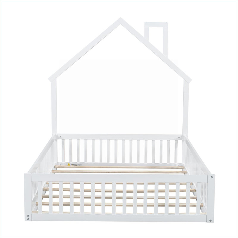 Lit plateforme en bois massif pleine grandeur en forme de maison avec barrière de sécurité pour chambre résidentielle, finition blanche