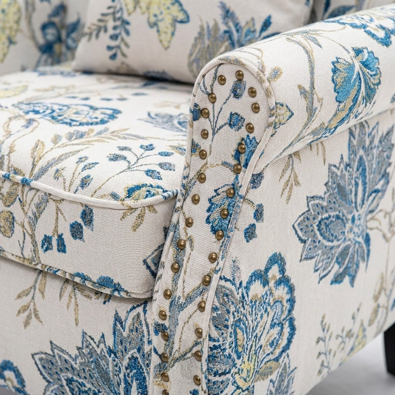 Fauteuil Vintage avec accoudoirs roulés et pieds en bois, Ivoire bleu botanique