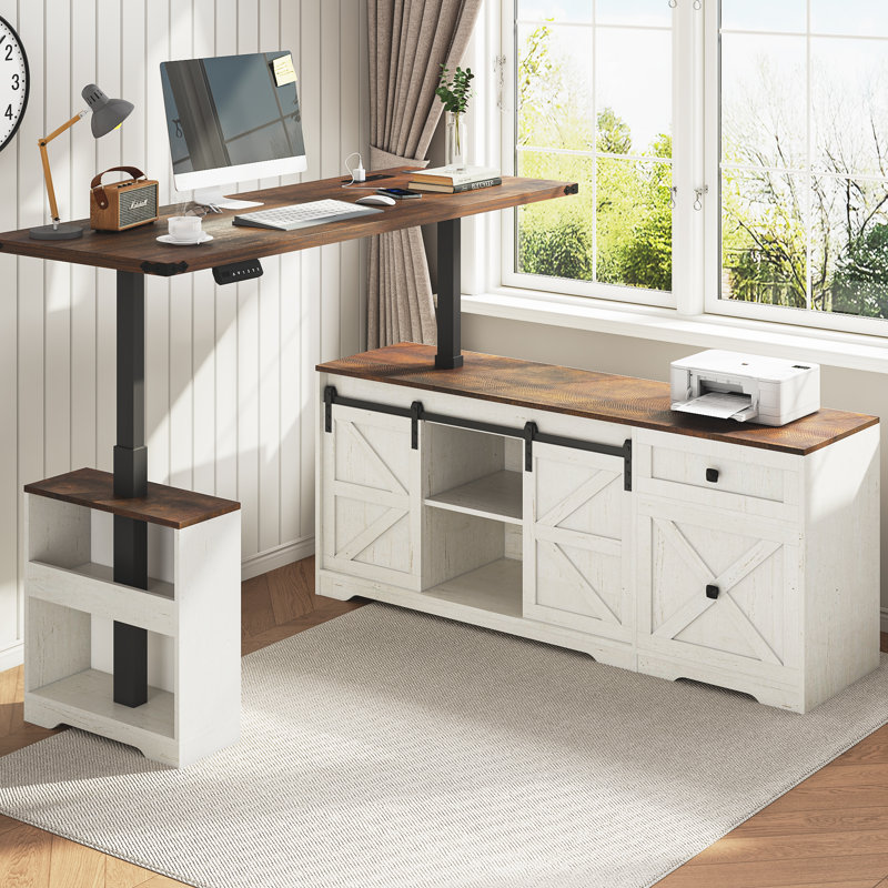55'' L-Shaped Farmhouse Electric Standing Desk, Height Adjustable Sit Stand Corner Desk with Power Outlets, Storage Drawers & Sliding Door for Home Office
