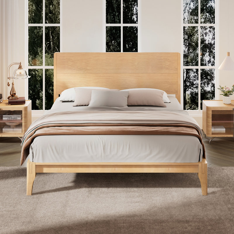 Lit plateforme en bambou de taille moyenne Mid-Century avec lattes de bois et support en métal, Natural, King