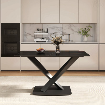 Table de salle à manger rectangulaire 55,25 po en pierre artificielle noire pour 6 personnes