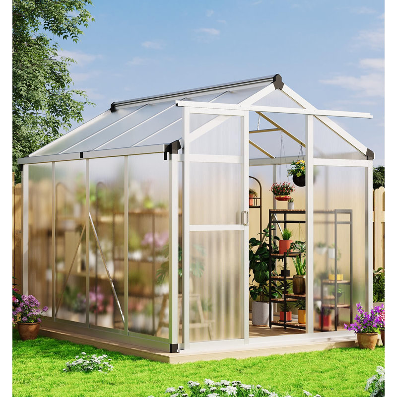 Serre en polycarbonate résistant aux intempéries GarveeHome pour cadre extérieur en aluminium durable, porte verrouillable coulissante, évent de toit réglable