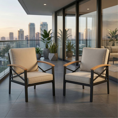 Ensemble de 2 fauteuils de patio extérieurs en métal Havey-Duty, ensemble 2 pièces toutes saisons, fauteuil simple avec coussins beiges épais lavables et structure noire