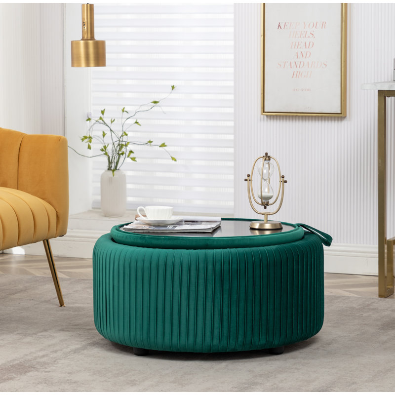 Savinien Upholstered Round Storage Ottoman, Green Velvet