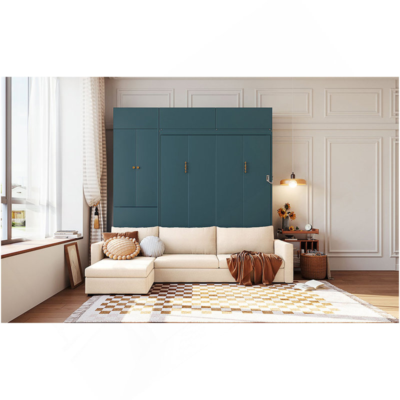 Grand lit escamotable mural avec canapé et tablettes, panneau vert, canapé beige, Vert