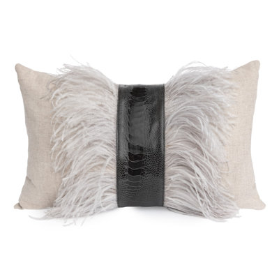 Linen Lumbar Pillow with Ostrich Feather Trim