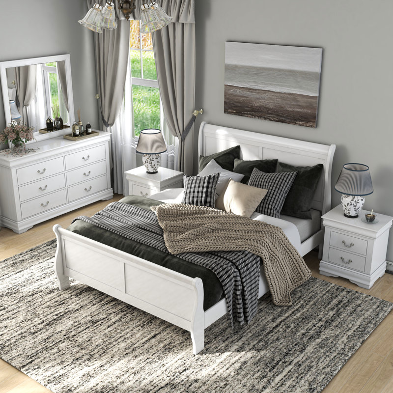 Emelinda Bedroom Set, White, 5 Pcs: Bed, 2 Nightstands, Dresser, Mirror, Queen