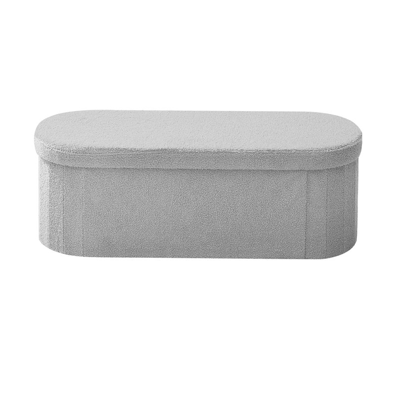 Oval Storage Ottoman Bench, Foldable Teddy Fleece End of Bed Bench, Folding Upholste Bed Ottoman Chest with Large Storage Space, Supports 660 lbs, for Living Room, Bedroom, Entryway