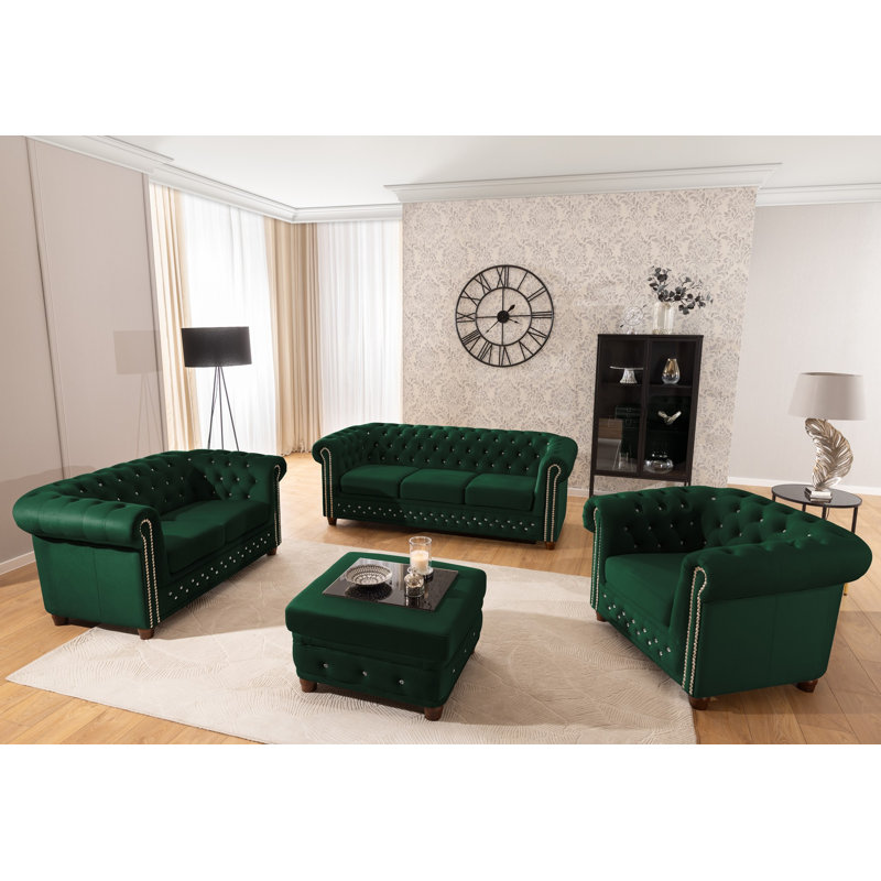 Cleo Blink 2 Piece Velvet Chesterfield Living Room Set, Bottle Green