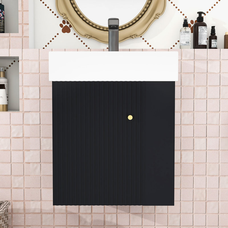 Meuble-lavabo mural avec lavabo en céramique et rangement à droite, Noir