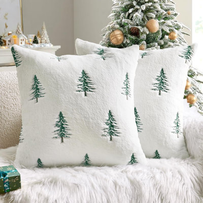 Ensemble de 2 housses de coussin décoratives de Noël MIULEE, 45 x 45 cm, en fausse fourrure blanche et verte avec sapin de Noël brodé, idéales pour les fêtes d'hiver et parfaites pour canapé, fauteuil et lit.