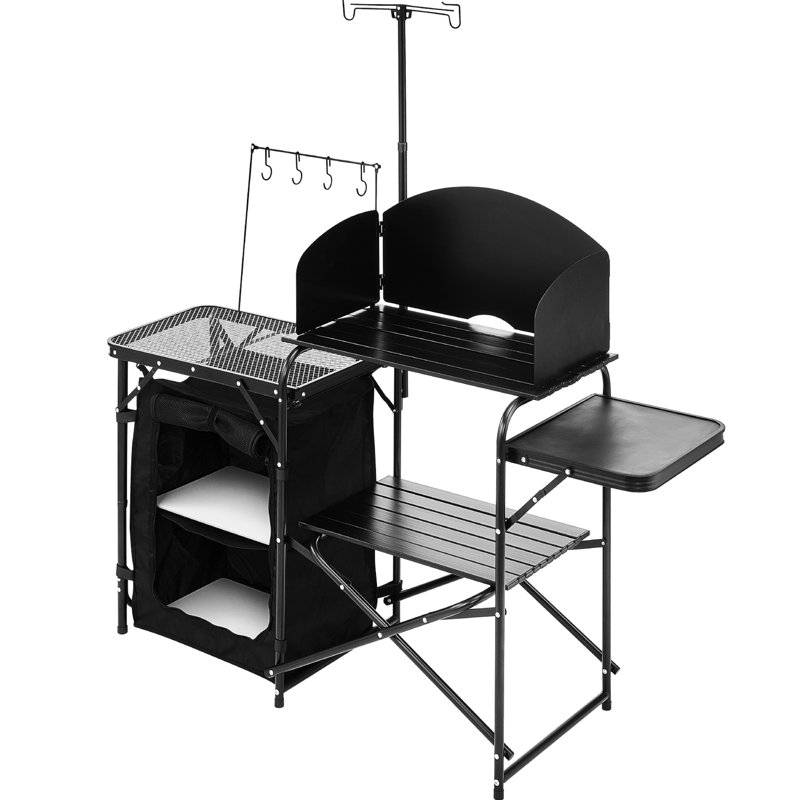 Table de cuisine de camping pour l'extérieur avec station de cuisson portable, plateau en aluminium, barbecue en acier, tables d'appoint, compartiments de rangement, 3 pare-brise, crochets, support de lampe, structure en X renforcée, rapide