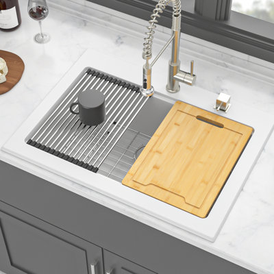 White Granite Composite Kitchen Sink 30X22" Workstation Drop - In, Strong And , Smooth Non Porous Surface, Comes With Bottom Grid Quartz In Workstation, Material, Rounded Corners For Easy