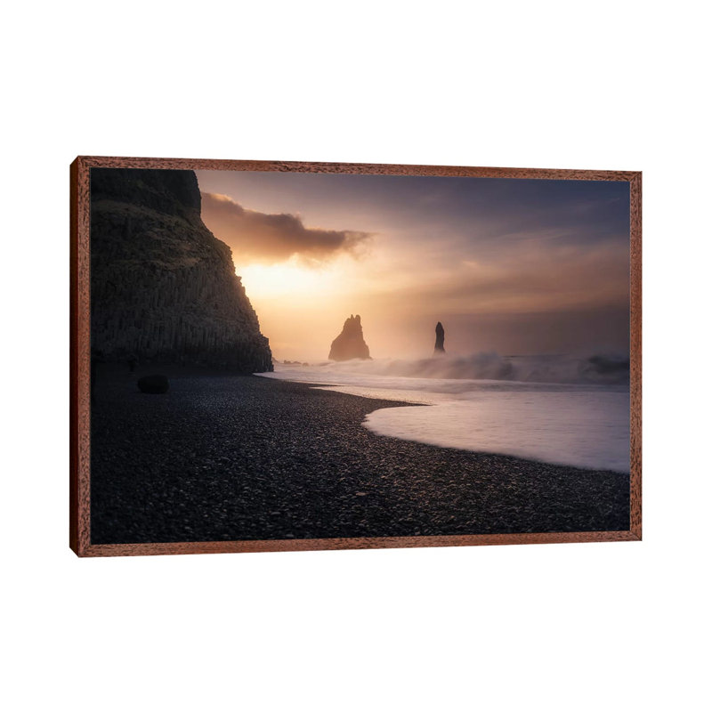 Reynisfjara Sunrise - Print on Canvas, 66.04cm H x 101.6cm W x 3.81cm D, Classic Brown Wood Framed