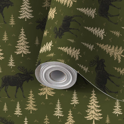 Peel and Stick PVC Wallpaper, Removable Self-Adhesive Wall Covering With Vintage Forest Scene Majestic Deer Earth Tones Print, Waterproof for Home Decor - Roll