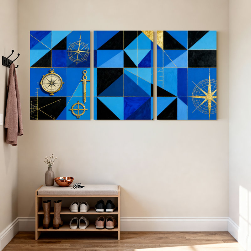 Ensemble de 3 estampes géométriques triangulaires bleues boussole et outils dorés, H 30 po x l 60 po