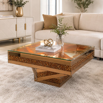Modern Mirrored Glass Coffee Table, 31.5" Square Center Table with Glitter Acrylic Crushed Diamond, Luxury Mirrored Coffee Cocktail Tables for Living Room Furniture