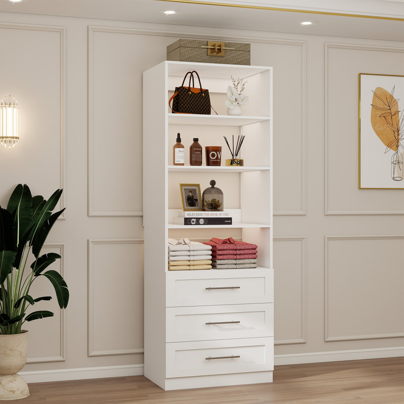 Système de rangement pour garde-robe de 60 à 150 cm avec 3 tiroirs, 4 tablettes réglables et 1 tringle supplémentaire.