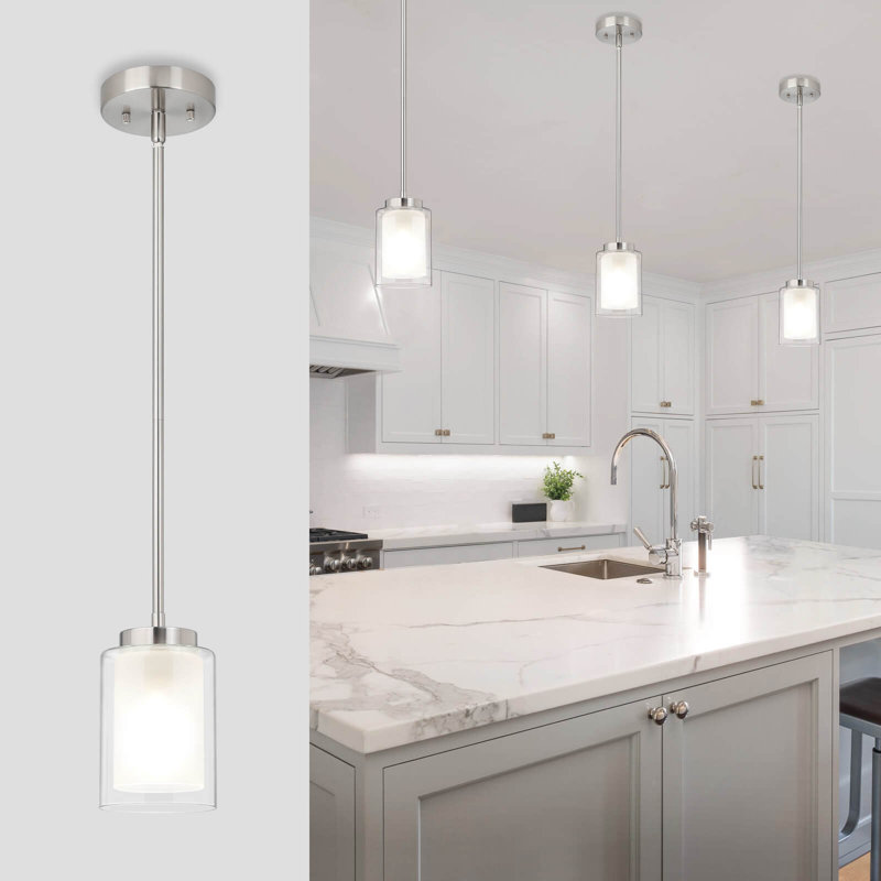 Pendant Lighting Modern 1 Light Mini Pendant Light With Dual Glass, Adjustable Hanging Ceiling Light, Brushed Nickel