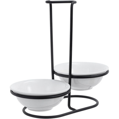 Countertop Ceramic Spoon Rest With Matte Black Metal Stand, Upright Ladle Holder Rack With 2 Bowl Dish