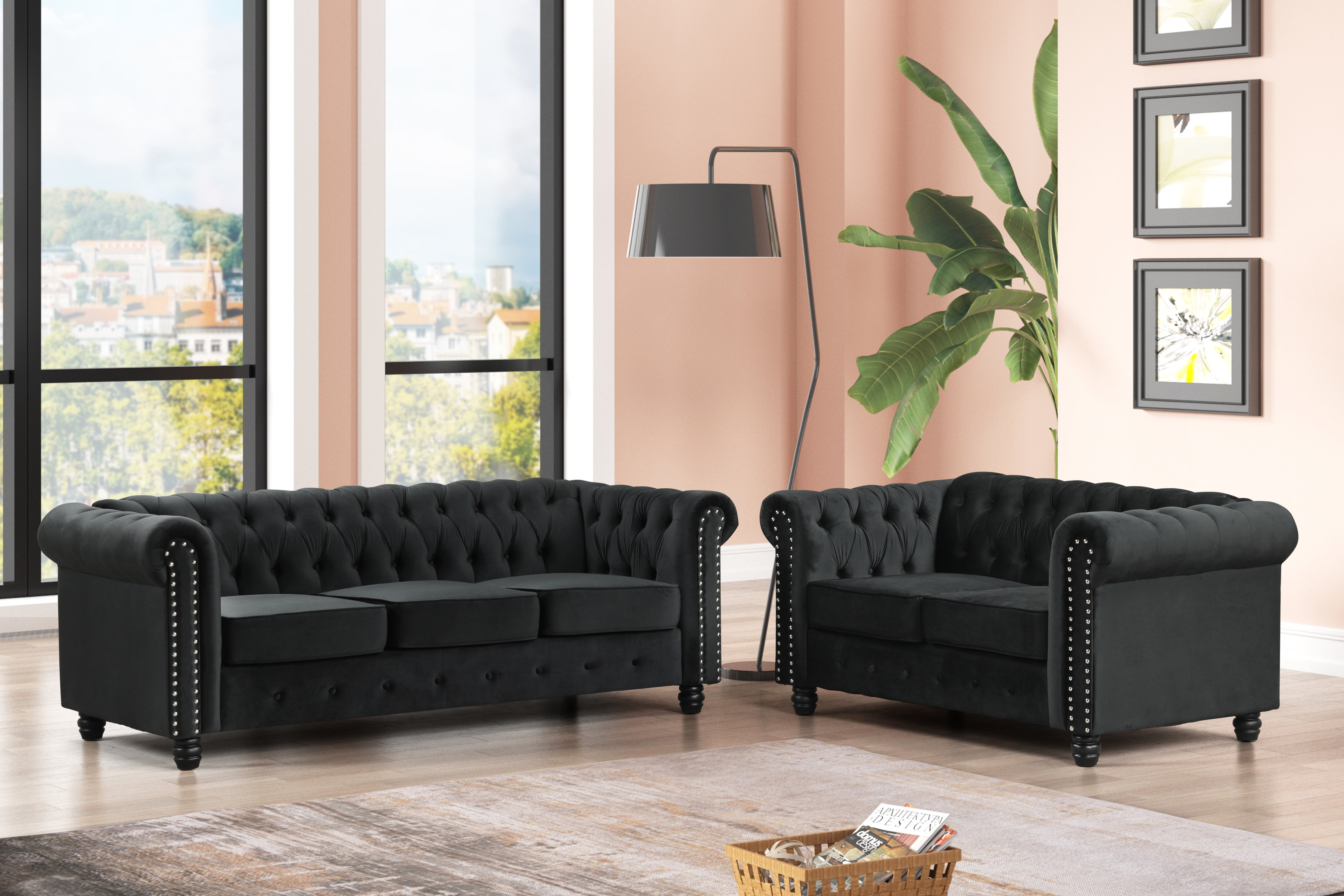 USLivings Altman 2 Piece Black Velvet Chesterfield Living Room Sofa Set | Wayfair