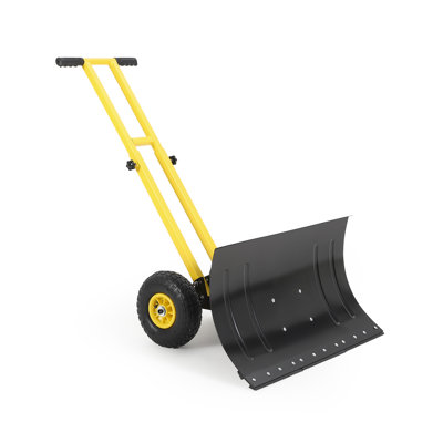 Snow Shovel with Wheels, 5-Position Angled Blade & Adjustable Handle, Rubber Wheels & Double Handle, Heavy Duty Metal Snow Pusher Shovel with Wheels for Driveway, Doorway, Sidewalk, Pavement