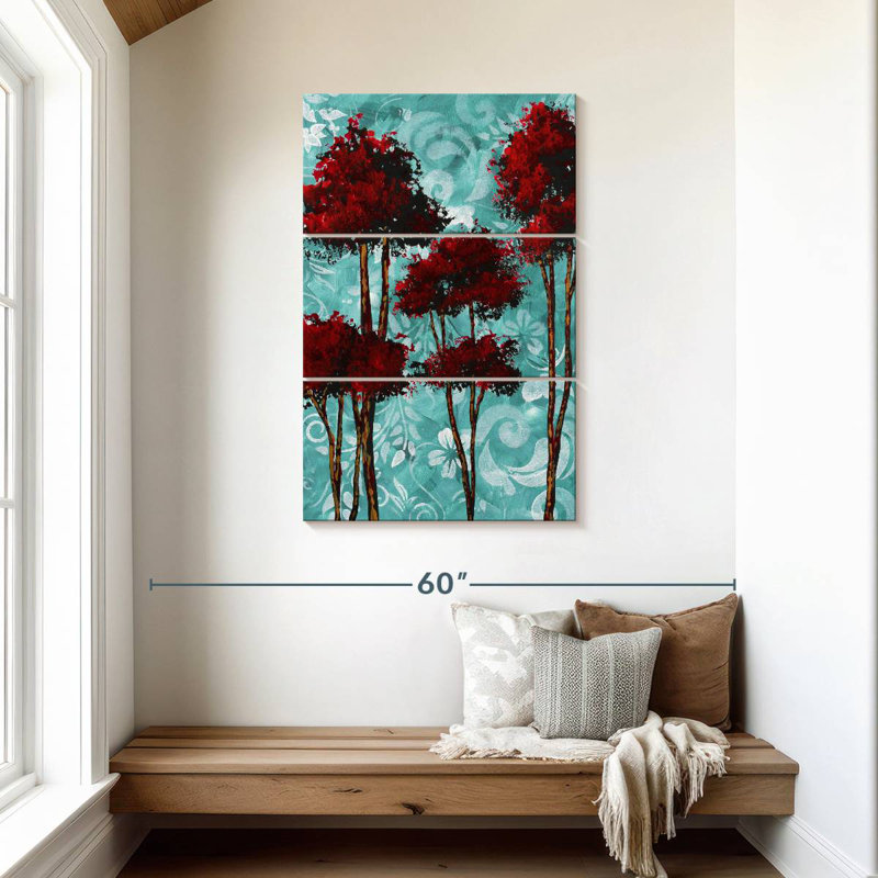 Harnek, fleurs turquoise et arbres rouges, H 45 po x l 28 po