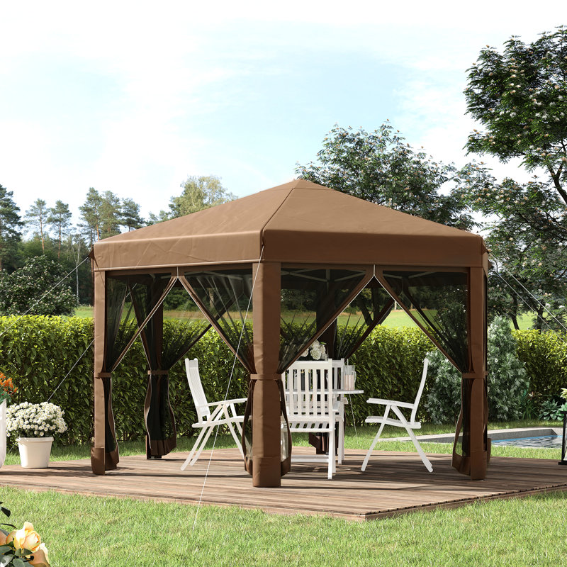 Heavy Duty 13' X 11' Gazebo, Hexagonal Outdoor Canopy Tent. 6 Mesh Sidewalls, Adjustable Height, Strong Steel Frame, Brown. Ideal For Watching Pop Up Tent, Gazebo. Suited Camping & Activities