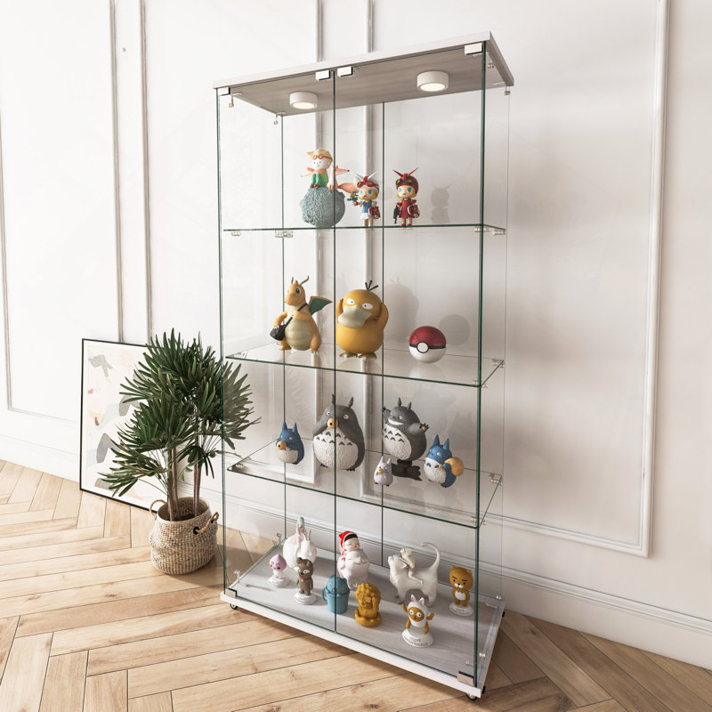 Vitrines d'exposition | Vitrine moderne 2 portes blanc cassé à 4 portes avec lumières DEL à changement de couleur, roulettes verrouillables H 64,25 po | Transparent | Verre trempé