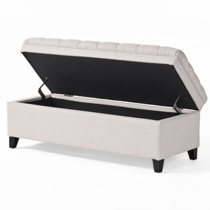 Rhya Storage Bench Ottoman, 50 Inch Seat, Button Tufted Gray Fabric, Light Gray
