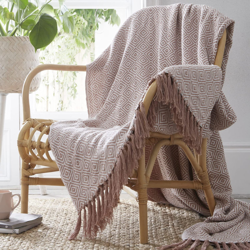 Laoise Throw Blanket with Tassel Trim, 228 x 250cm Blanket, Pink