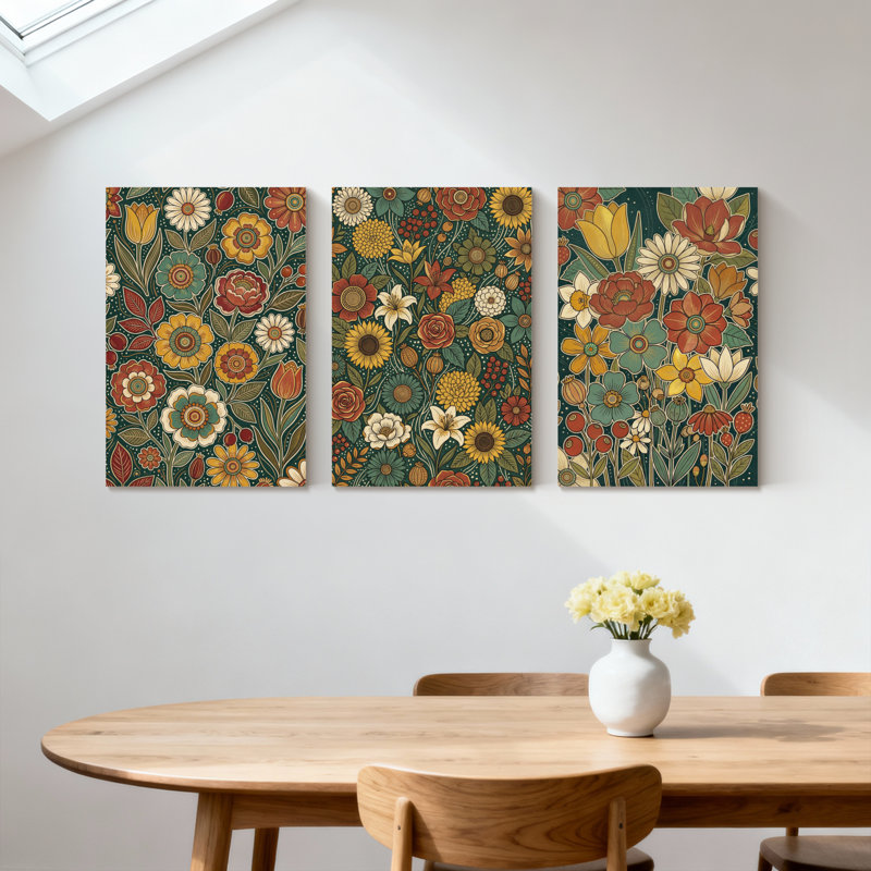 Plantes et fleurs, motif floral avec couleurs vives et feuilles, ensemble de 3 impressions sur toile, H 36 po x l 72 po