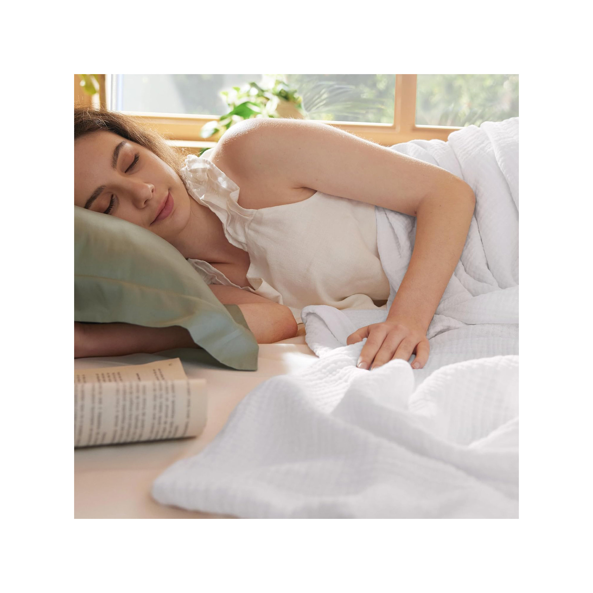 Bedsure 200gsm 100% Cotton Lightweight Muslin Blanket GentleSoft™️for Spring & Summer, Queen, White