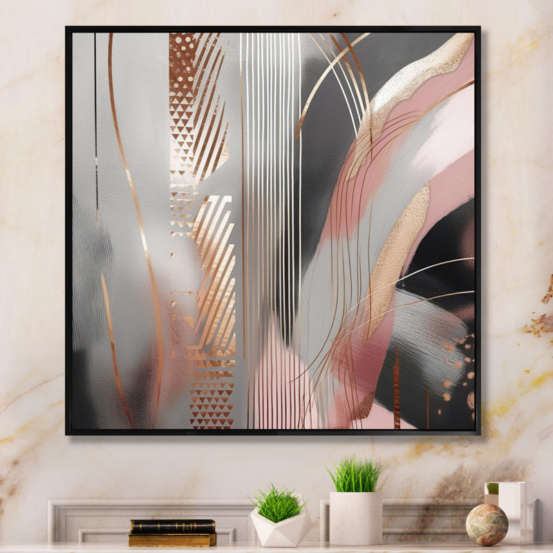 «Pink Rosegold Circle Complexity I - Abstract Modern Shapes», art mural transitionnel, L 30 po x H 30 po, Cadre flottant noir