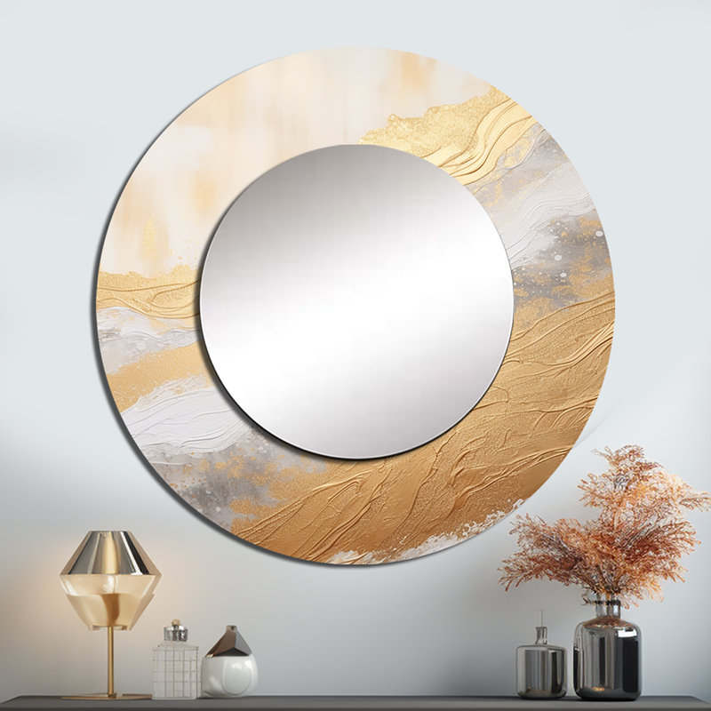 Minimal Gold And Beige Abstract River V - Northern Lights Decorative Mirror, Beige Round Wall Mirror, Printed Metal Art