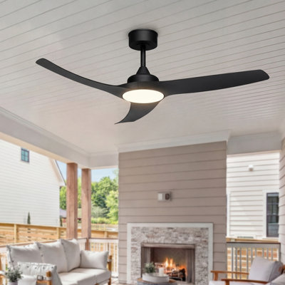 52" Outdoor Ceiling Fan with Light for Patio Garage Porch Indoor, Weather-Proof Blades & High-Airflow, Quiet DC Motor 3CCT Dimmable LED Black Ceiling Fan Remote