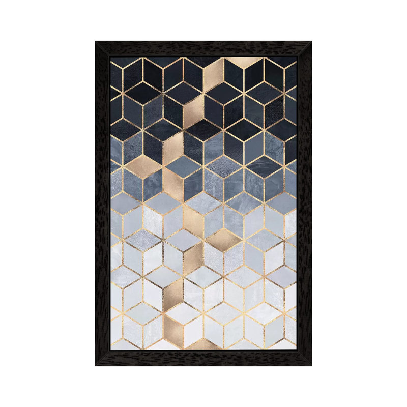Soft Blue Gradient Cubes, Rectangular by Elisabeth Fredriksson - Print on Canvas, Black Floater Framed