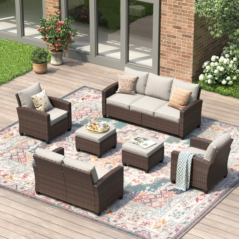 7 Seats Wicker Patio Conversation Set with Cushions, Brown Frame/Sand Cushion