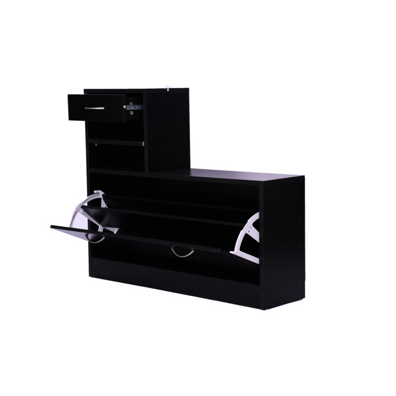 Armoire de rangement moulée avec armoire à chaussures, étagère suspendue et miroir noir mat