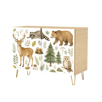 Buffet avec rangement dissimulé, 2 portes, motif aquarelle d'animaux de la forêt (ours, cerf), meuble multifonctionnel pour salon, cuisine ou coin café.