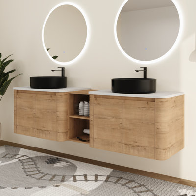 Ensemble de meuble-lavabo double mural 72 po avec lavabo en céramique et tablettes Greythor, ensemble de meuble-lavabo double 72 po avec plateau en pierre reconstituée
