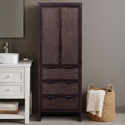 Ameer Modern Boho Solid Wood Linen Cabinet Storage with Drawers, Rattan Inlay Doors & Adjustable Shelves