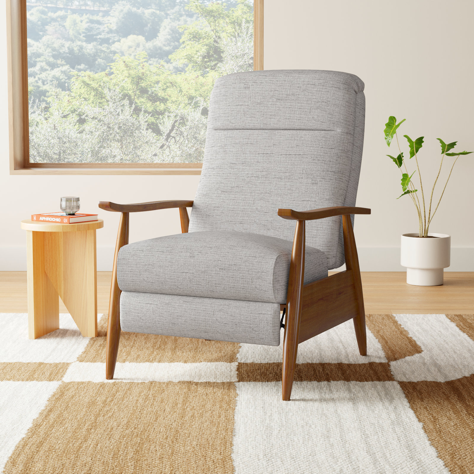 Imona 30" Genuine Leather Manual Recliner, Polyester Performance Fabric Sea Oat Linen