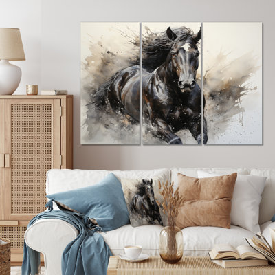 Cheval gris gris majestueux pointillisme monochrome sur toile, 3 pièces