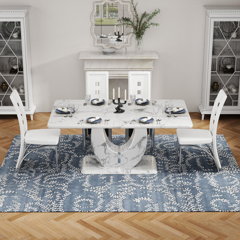 Dining Table set with PU Leather Upholstered Chairs, 5 Pieces: Table, 4 Chairs, White/Silver